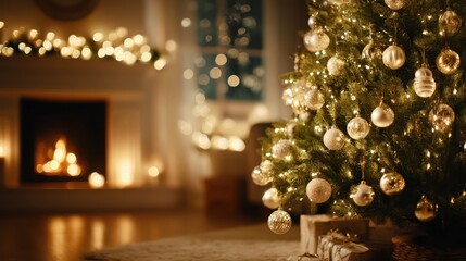 Cozy living room with christmas tree glowing, warm lights reflecting on glass ornaments, night atmosphere, soft bokeh, shallow depth of field, fireplace glow nearby, generous copy space for text.
