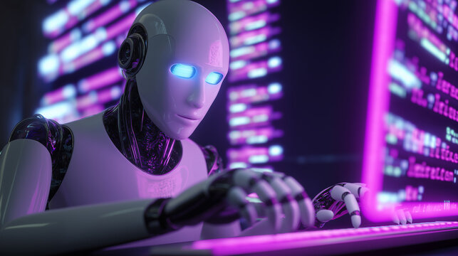 Artificial intelligence robot programming on a computer in a high-tech room lit with neon blue and pink lights.  
 - Powered by Adobe