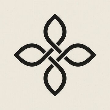 Elegant black Celtic knot illustration with intertwined lines, forming an abstract floral-like symbol on a textured beige background, isolated design element perfect for spiritual or cultural themes.