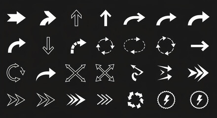 Set of white arrow icons on a dark background navigation, directions, and design elements for various applications