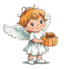 Kleiner s&uuml;sser Engel mit Geschenk in der Hand - KI generiert