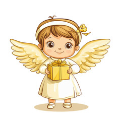 Kleiner s&uuml;sser Engel mit Geschenk in der Hand - KI generiert