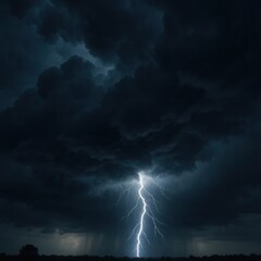 Obraz premium Dramatic lightning strike cutting through dark, ominous storm clouds with heavy rainfall over a distant horizon, conveying immense power and natural force.