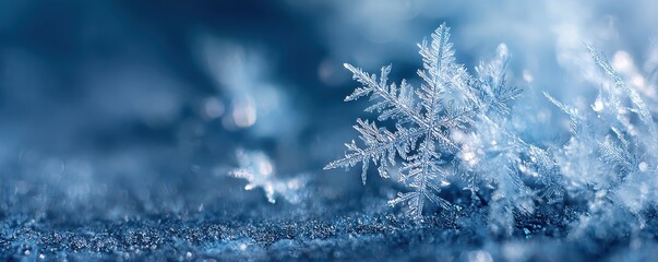 Icy macro of delicate christmas snowflake pattern on glass, cool blue tones, frost crystals in sharp focus, soft blur background, high contrast, generous copy space for text.