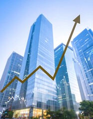 Modern city buildings with upward trend line