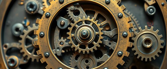 Intricate clockwork gears meshing, creating complex motion,  machine,  intricate