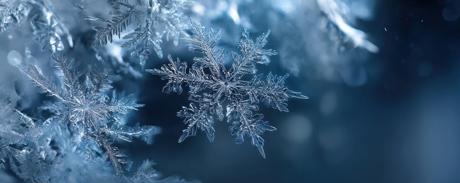 Icy macro of delicate christmas snowflake pattern on glass, cool blue tones, frost crystals in sharp focus, soft blur background, high contrast, generous copy space for text.