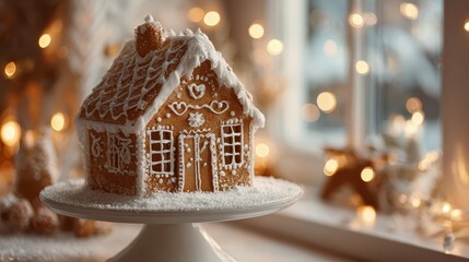 Gingerbread house with white icing details on cake stand, christmas lights bokeh, shallow depth, cozy warm tones, sprinkled sugar like snow, clean copy space for text.