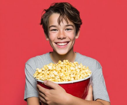 A joyful preteen boy holds a large container of popcorn against a vibrant red background.