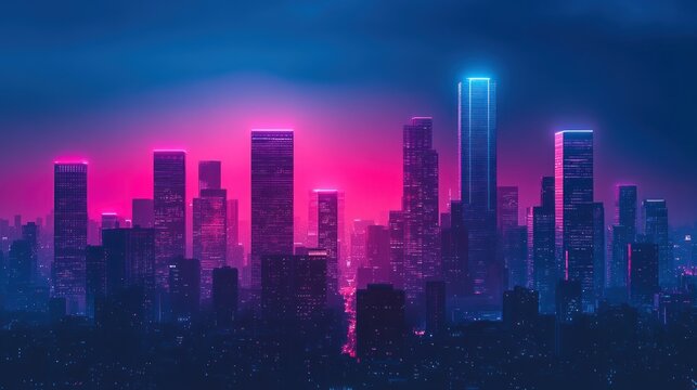 Neon cityscape at twilight. Vivid pink and blue light illuminates towering buildings