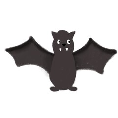 Cute black bat with wide wings and two tiny fangs, illustrated in a soft oil pastel digital art style. Perfect for Halloween design, spooky party decoration, greeting cards or stickers.