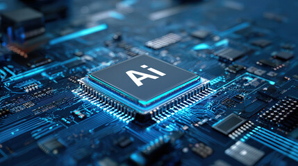 Isometric view of glowing AI chip on circuit board, symbolizing advanced technology and innovation in artificial intelligence. blue tones highlight futuristic theme