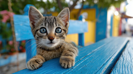 Cute tabby kitten with striking blue eyes sits on vibrant blue wooden bench, surrounded by colorful background elements, creating lively and cheerful scene