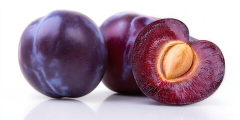 Fototapeta premium Three fresh plums, one of them cut open, showcase the fruit's vibrant colors.