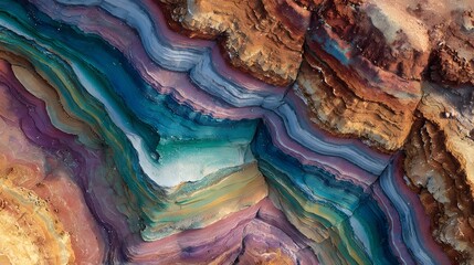 Close aerial view of the layered mineral depos