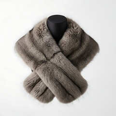 Luxurious grey fur scarf draped elegantly on a display stand, exuding warmth and sophistication.