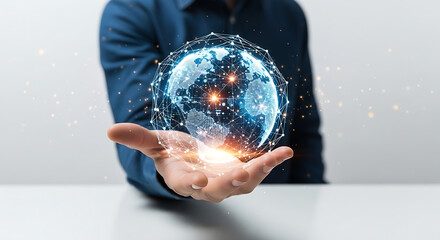 A person's hand holding a glowing digital globe, global business and technology networks with interconnected lines.