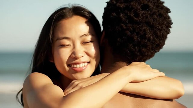 Authentic interacial couple hugging and laughing tenderly on the beach embracing summer vibes