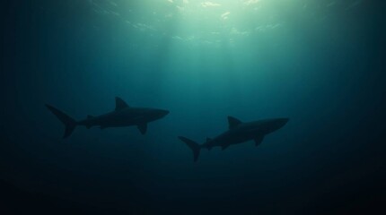 Naklejka premium Majestic shark silhouettes gliding through sunlit deep ocean waters