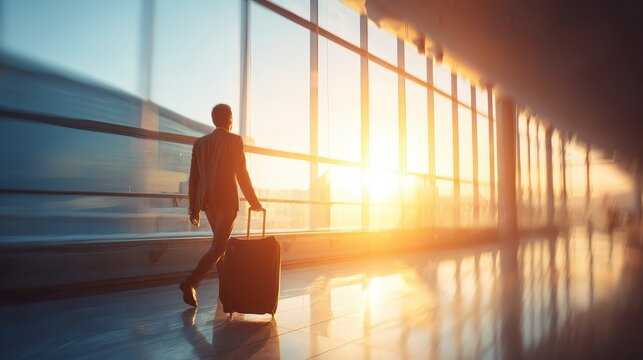 Traveler pulling suitcase through modern airport terminal, motion blur, sun flare, glass architecture, global travel lifestyle, clean lines, aspirational mood, ample copy space for text.