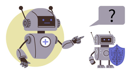 Robots interacting, one with a speech bubble and another with a shield. Ideal for technology, AI conversation, cybersecurity, data protection, communication, machine learning, futuristic concepts