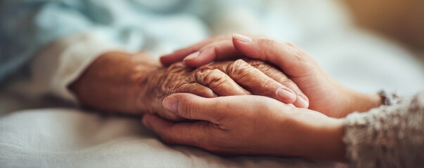 Nurse holding patient hand with compassion, close up, soft light, supportive care theme, human connection, healthcare lifestyle, neutral tones, shallow depth of field, ample copy space for text.