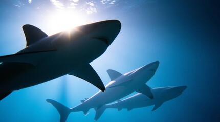 Fototapeta premium Underwater Realm Sharks Silhouetted in Sunlit Depths
