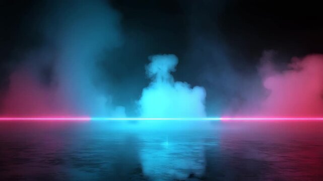 Abstract background with neon light blue and pink foggy lines on a black water surface