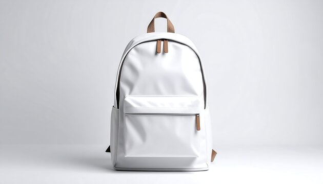 A blank, white backpack, front view.  Tan accents.  Simple design