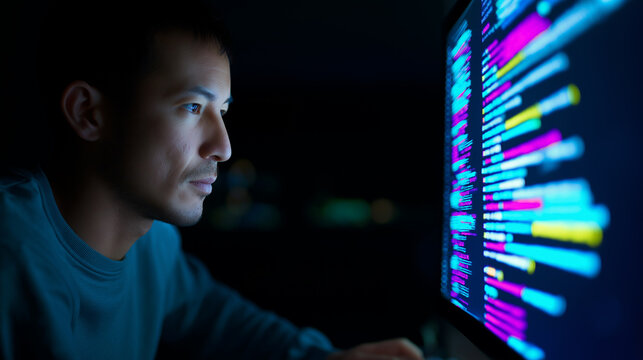 Young man intently looking at computer screen displaying colorful programming code in a dark environment.  
