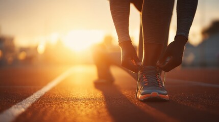 Runner tying shoes on track at sunrise, fitness lifestyle, motivation and health theme, golden light, motion implied, clean composition, ample copy space for text.