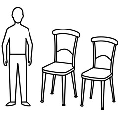 Stylized person standing next to two chairs, simple line art depicting furniture and an individual, perfect for diagrams, presentations, or educational materials, modern minimalist design