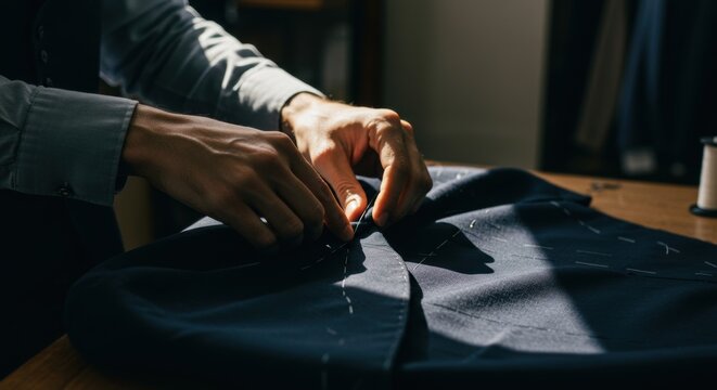 Artisan Sewing Dark Fabric with Basting Stitches on Wooden Table