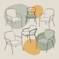 Modern furniture arrangement with stylish chairs and organic shapes, perfect for interior design projects, architectural visualizations, and home decor inspiration showing a creative arrangement