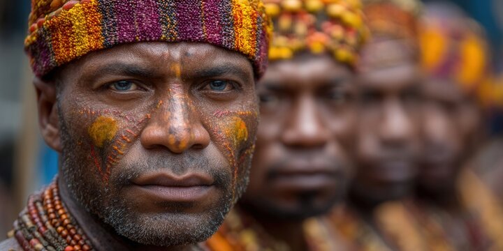 Portrait of a Huli tribesman in Papua New Guinea with traditional attire and face paint.