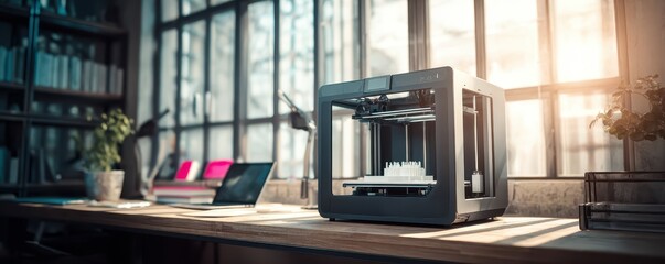 3D printer creating prototype on desk, maker lifestyle, technology innovation concept, natural light, shallow depth of field, creative workspace, ample copy space for text.