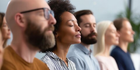 Obraz premium A diverse group of people meditating together with their eyes closed in a peaceful moment.