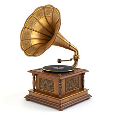 A vintage gramophone with a golden horn and a wooden base on a white background in a studio shot