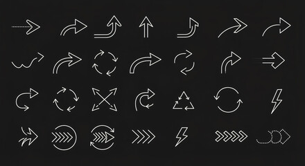 Versatile Set of Thin Line Arrow Icons for User Interface Design, Web Navigation, and Indicating Direction, Movement, or Process Flow on a Dark Background