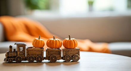Whimsical Autumn Harvest A Wooden Toy Train Carries Miniature Orange Pumpkins.