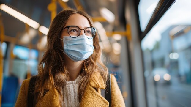 Commuter wearing face mask on train, public health lifestyle, urban background, natural light, shallow depth of field, respectful tone, copy space for text. - Powered by Adobe