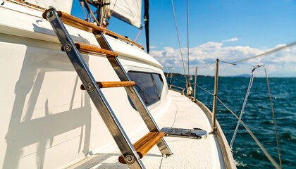 Sailboat with ladder on deck against ocean backdrop