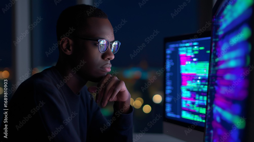 Wall mural young man intently looking at computer screen displaying colorful programming code in a dark environ