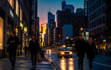 夕暮れ時の大都会：ネオンとタクシーが行き交うニューヨークの街角
