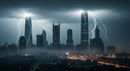 Shanghai Skyline Under a Dramatic Thunderstorm: A City Engulfed in Lightning and Rain