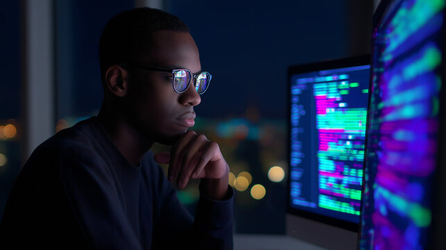 Young man intently looking at computer screen displaying colorful programming code in a dark environment.  
