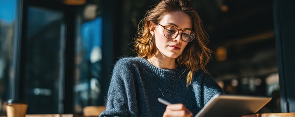 Young woman working on tablet with stylus in sunlit cafe, remote work lifestyle, natural light, modern minimal setting, productivity and creativity concept, copy space for text.