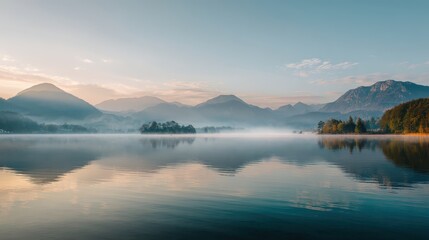 Quiet lake at sunrise with mist and mountains, travel lifestyle, serene mood, natural light, calm palette, wide angle view, copy space for text.