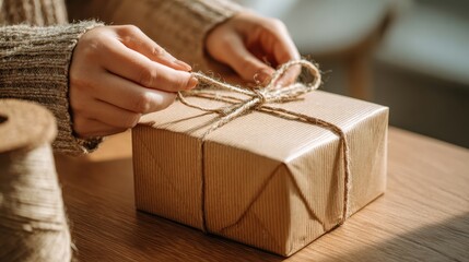 Person tying gift box with kraft paper and twine, minimal holiday lifestyle, natural light, sustainability concept, warm tones, shallow depth of field, copy space for text.