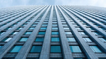 Skyscraper facade with repeating windows, urban architecture lifestyle, cool tones, strong lines, minimal composition, copy space for text.
